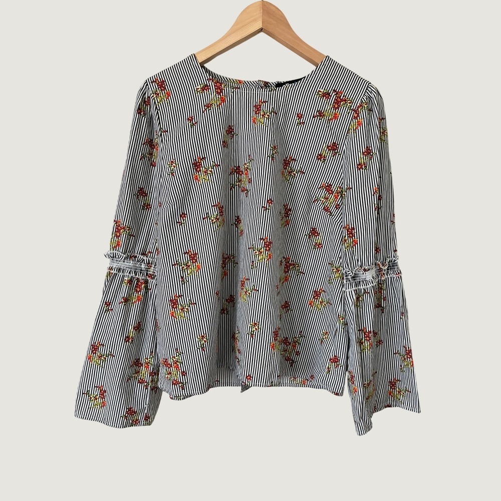 Alice Blue Womens Floral Striped Bell Sleeve Blouse Black White Cotton M Boho